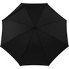 A black umbrella featuring an auto-open mechanism, with a logo positioned on the canopy.