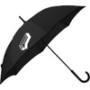 A black auto-open umbrella featuring a curved handle and a logo on one panel.