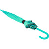 A turquoise umbrella with black accents and a curved handle is neatly folded. It features a logo on the fabric.