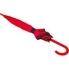 A red auto open fashion umbrella with a curved handle and a black band around the top.