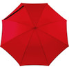 A bright red auto-open fashion umbrella with a sleek design and a black handle. It features a logo on the canopy.