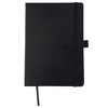 A black A5 journal book with a textured cover, an elastic band, and a ribbon marker. It features a logo on the cover.