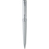 A sleek silver ballpoint pen with a spiral design and a shiny finish, featuring a branding logo.