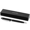 A black metal ballpoint pen with a silver accent, resting beside a sleek black box featuring a logo.