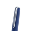 A blue metal ballpoint pen with a sleek design and a shiny clip at the top. Logo present on the surface.