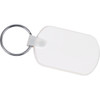 A rectangular soft key tag in white, attached to a metal keyring. The tag has a smooth surface.