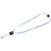 A white lanyard with a flat panel, featuring a clasp and branding. Ideal for events and exhibitions.