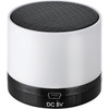 A cylindrical Bluetooth speaker in white and black with a mesh top and a charging port at the base.