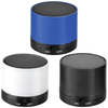 A set of three Cylinder Bluetooth Speakers in blue, white, and black, each with an on/off switch at the base.