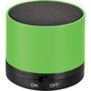 A green cylinder Bluetooth speaker with a black base and a grill on top, featuring an on/off switch.