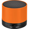 An orange cylinder Bluetooth speaker with a black base and mesh grille on top. It includes an ON/OFF switch.