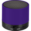 A purple cylinder Bluetooth speaker with a mesh top and an on/off switch at the base. It also features a logo.