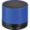A blue cylinder-shaped Bluetooth speaker with a mesh grille on top and an on/off switch at the bottom.