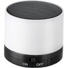 A cylindrical Bluetooth speaker in white and black with an on/off switch. It features a mesh grille on top and a logo.
