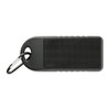 A portable black Bluetooth speaker with a textured surface and a carabiner for attachment.