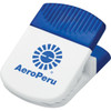A Jumbo Magnetic Memo Holder in blue and white with a logo, featuring a strong clip mechanism.