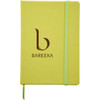 A green 5 x 7 notebook with an elastic closure and a logo on the cover.