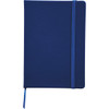 A navy blue notebook with a snap elastic closure and a matching ribbon bookmark. It has a logo on the cover.