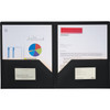 A black folder with two pockets holds documents and business cards, featuring graphs and text inside.