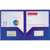 A blue folder featuring two pockets for documents and business cards, designed for office organisation.