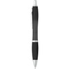 A black plastic pen with silver accents and a grip section, featuring a clip and a branding logo.