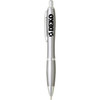 A silver plastic pen with a clip and a branding logo on the side.