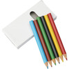 A set of six coloured pencils in blue, green, yellow, red, black, and brown, in a white box with a cut-out.