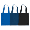 Three non-woven tote bags in blue, navy, and black, featuring sturdy handles and a simple design.