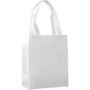 A white non-woven tote bag with two handles and a simple design. Features a logo on the side.