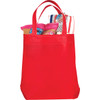 A red non-woven shopper tote filled with various items, including snacks and a towel, featuring a logo.
