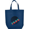 A navy reusable grocery tote bag featuring a round graphic with the word "SOHO" and a logo.