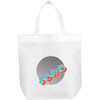 A white reusable grocery tote bag with a graphic design and a logo on the front.