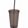 A drink bottle featuring a transparent dark grey design, with a removable lid and a straw included.