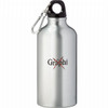 A drink bottle in silver aluminium featuring a black cap and a carabiner for attachment, with a logo.