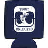 A collapsible can insulator in navy blue, featuring a logo design with a fish and text.