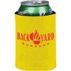 A drink can insulator in bright yellow, featuring a logo and designed for 350ml cans.