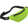 A bright green fanny pack with a zipper and a black adjustable strap. It features a branding logo.