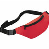 A red hipster budget fanny pack with a black adjustable strap and a zippered pocket. It features a logo.