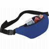 A blue fanny pack with an adjustable strap, containing snacks and a phone inside. It has a logo on the exterior.