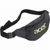 A black fanny pack with a yellow logo, featuring a zippered compartment and an adjustable strap.