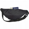 A black bum bag with a zipped compartment containing cash and a passport, featuring an adjustable strap and a logo.