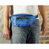 A blue fanny pack is worn around the waist, featuring a front zip pocket and an adjustable strap.
