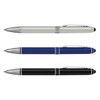 A set of three stylus pens in silver, blue, and black, each featuring a metallic finish and a clip.