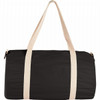 A black duffel bag with light beige straps and a logo on the side.