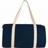 A navy blue barrel duffel bag with light-coloured straps and a logo on the side.