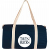 A dark blue barrel duffel bag with cream straps and a round logo in the centre.