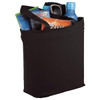 A black zippered tote bag filled with a drink bottle, snacks, a pair of sunglasses, and brochures.