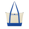 A blue and cream tote cooler bag with long handles and a front pocket. It features a logo.