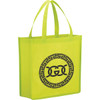 A bright yellow non-woven tote bag with handles and a logo design on the front.