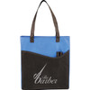 A blue and black non-woven tote bag featuring a pocket at the front and shoulder straps, with a logo on the side.